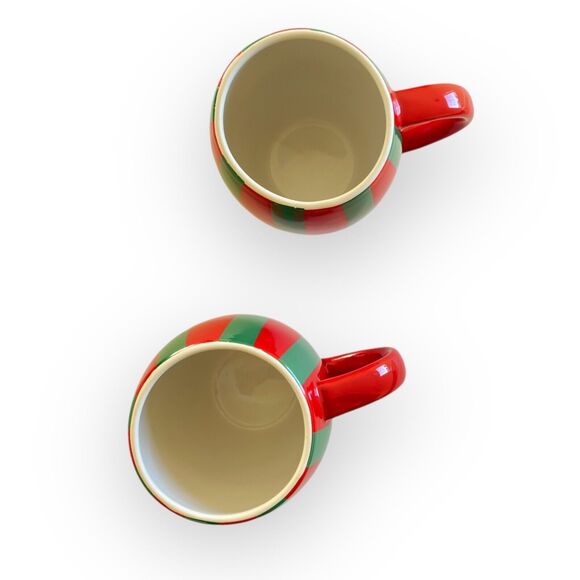 CHRISTMAS MUGS Red Green Striped Holiday Ceramic Coffee Mugs Set of 2 Cups NEW - Picture 2 of 6